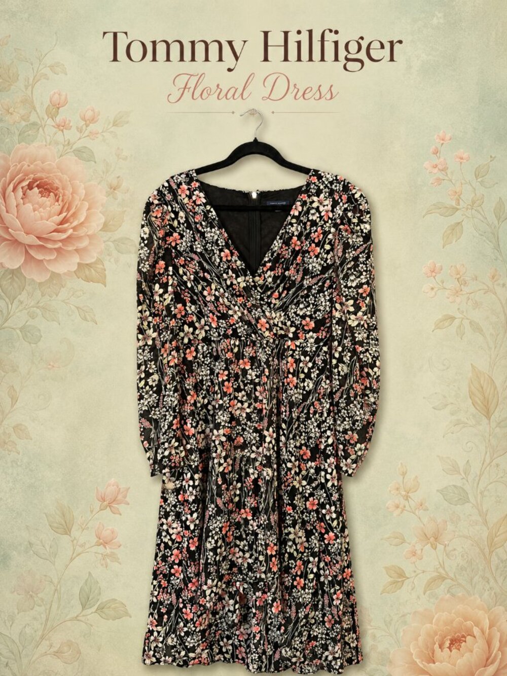 Tommy Hilfiger Black Floral Long Sleeve V-Neck Dress